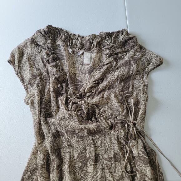 Whimsy Fairy Silk Wrap Dress Womens 8 Brown Leaf Sheer V Neck Maxi Short Sleeve - Picture 2 of 10